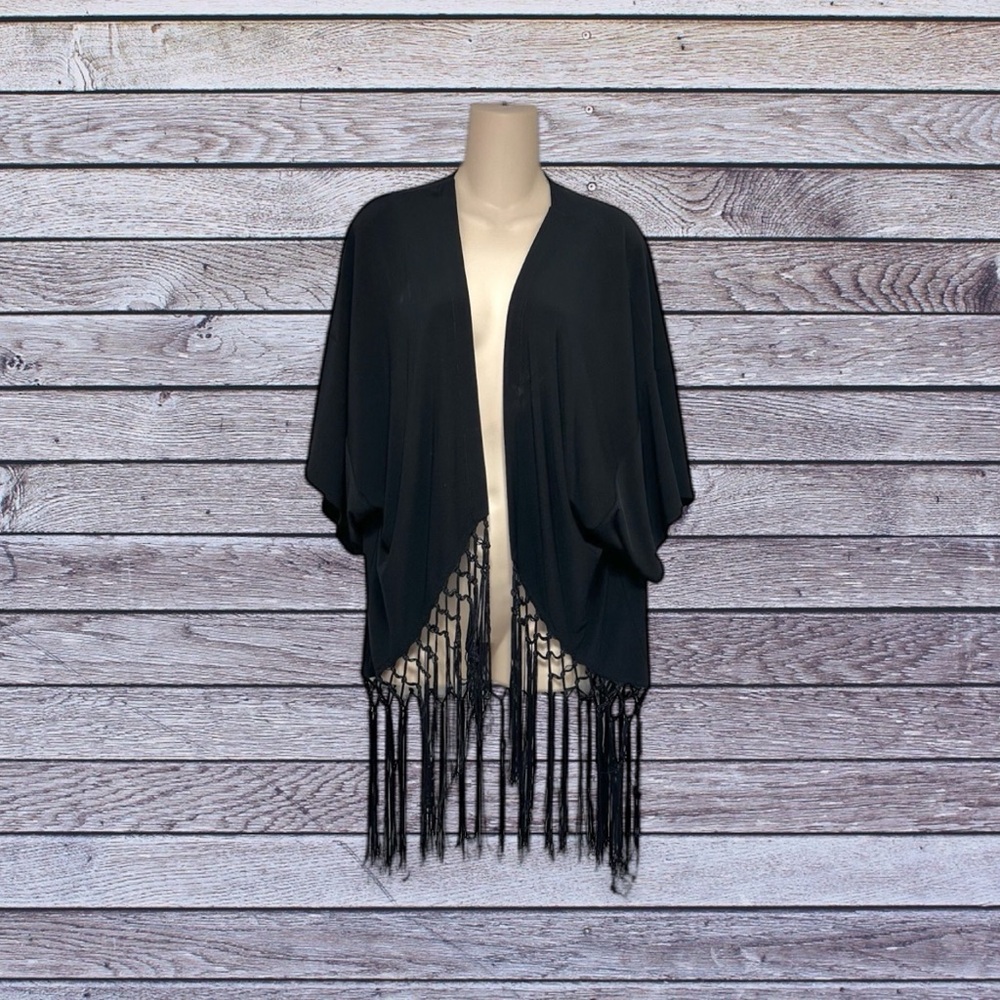 Joseph Ribkoff Open Front Black Fringe Boho Kimono Top